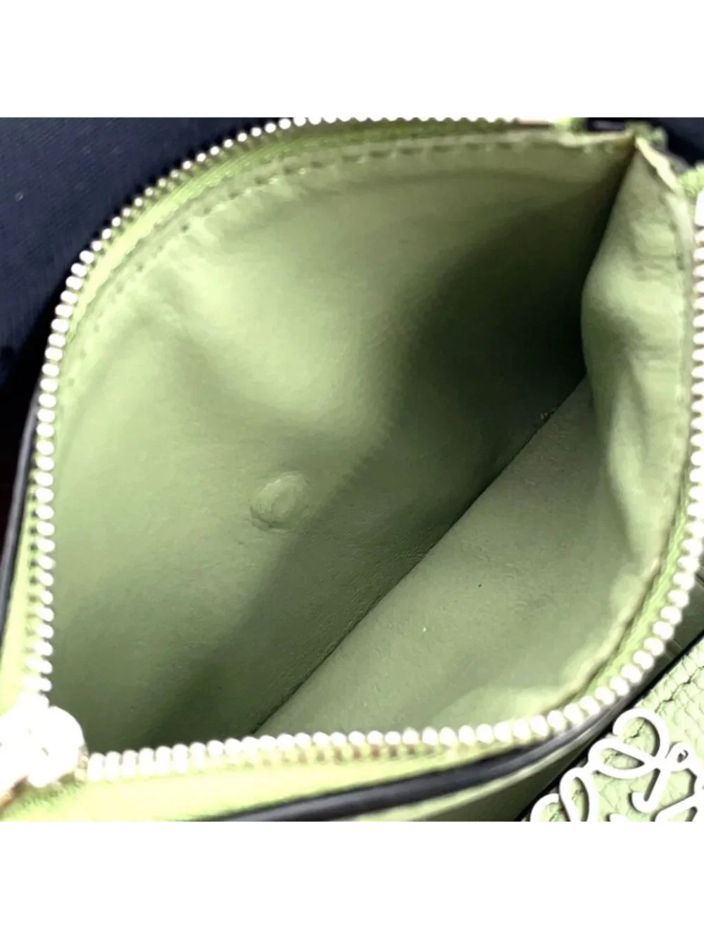 Loewe Wallet Khaki Green Anagram Trifold Silver